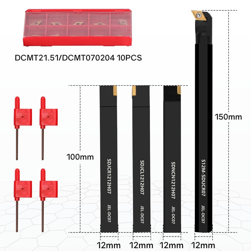 Joogto Indexable Lathe Turning Tool 1/2" 12mm Shank 14PCS Kit-4PCS Metal Lathe Tools Holder 10PCS DCMT21.51 Carbide Insert for Grooving Turning Boring SDNCN12120H07/SDJCR1212H07/S12M-SDUCR07/SDJCL1212H07 - Image 2